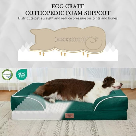 Comfort Expression Orthopedic Dog Bed for Extra Large Dogs 45x35 Inch, Waterproof Supportive Egg Crate Foam XL Pet Bed with Removable Bolsters, Dog Couch with Washable Cover & Non-Slip Bottom, Emerald