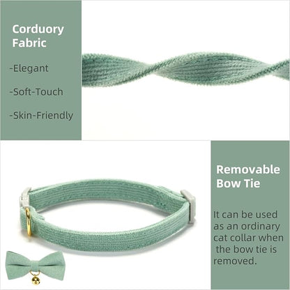 Soft Corduroy Cat Collar with Bell and Bowtie, Safety Breakaway Clasp, Adjustable for Kitten and Cats Grass Green Color.