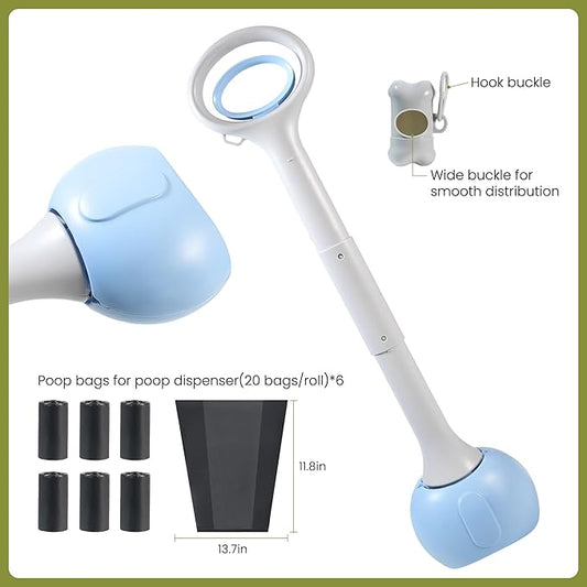 Dog Pooper Scooper Portable with Bag Attachment, One Handed Foldable Design, Includes 120 Waste Bags and Dispenser, 28 Inch Handle for Grass Yard Gravel Cleanup (Blue)