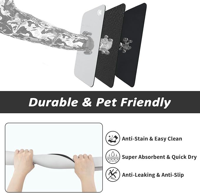 Dog Food Mat - Absorbent Cat Mat for Food and Water, No Stains Pet Feeding Bowl Mat, Easy to Clean Pet Placemats, Quick Dry Dog Water Dispenser Mat for Messy Drinkers | Paw Light Grey 24"x36"