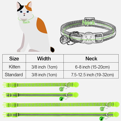 Taglory Reflective Cat Collar Breakaway with Bells, 2 Pack Girl Boy Pet Cat Collar Adjustable 7.5-12.5 Inch, Green