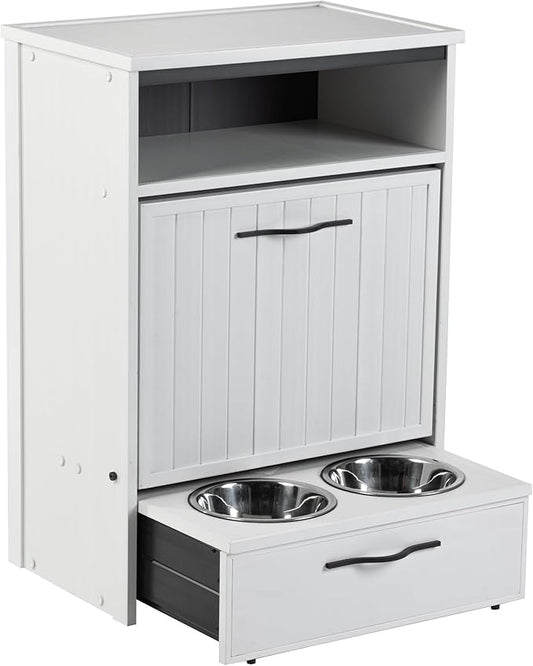 New Age Pet ECOFLEX Brea Dog Food Pantry in Antique White, Two 32 oz Bowls, Moisture Resistant, Easy Assembly, Holds 25 lbs