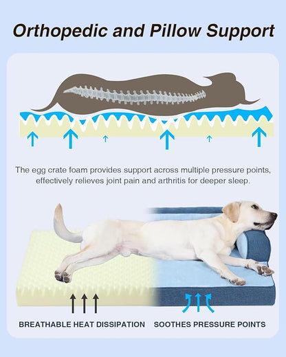 KSIIA Washable Dog Bed XL Senior Dog, Orthopedic Warm Soft Pet Sofa Waterproof Pet Couch with Sides, Non-Slip and Egg-Crate Foam Extra Large Beds with Removable Cover, 41x27Inch, Blue