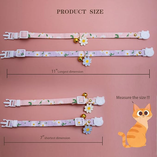 2 Pack Cotton Breakaway Cat Collars with Bell Flower Pendant Kitty Kitten Collars Pink Purple Collar for Female Girl Cats Male Boy Cats