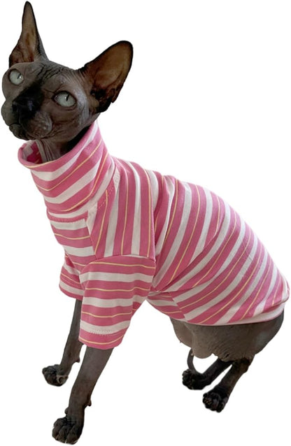 Vintage Stripes Sphynx Hairless Cats Shirt Cotton Cat Turtleneck Pet Clothes Kitten T-Shirts with Sleeves for Sphynx Cats (Sakura, XX-Large)