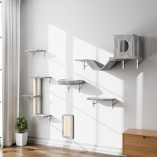NUNU LAB Cat Wall Shelves, 6 Pcs Luxury Wall-Mounted Cat Climber Set, Indoor Cat Furniture with 1 Condos House, 2 Cat Wall Shelves, 1 Scratching, 1 Bridge Ladder, 1 Scratching Pad, Gray