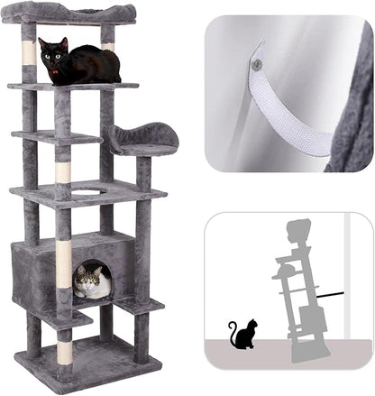 71'' Velvet Cat Climbing Frame, Multi-Level Cats Tree Tower with Scratching Posts, Large Top Padded Perch and Playhouse, Anti-Tipping Devices for Indoor Cats Activity Center (Antique Gray)