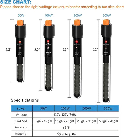 PULACO 300Watt Aquarium Heater for 50-70 Gallon Fish Tank, Adjustable Submersible Heater Thermostat with Thermometer Strip and Suction Cup