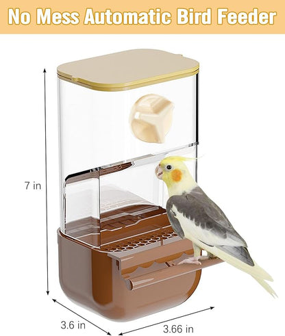 BNOSDM No Mess Bird Automatic Feeder Bird Cage Feeders Parrot Cage Accessories Transparent Seed Food Container with Perch for Finches, Parakeets, Budgies, Lovebirds, Cockatoos, Canaries (Brown)