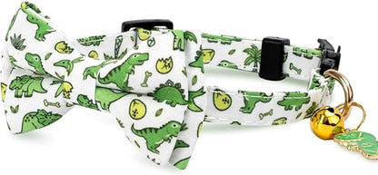 2 Pack Cotton Cat Collar with Bow Tie and Bell for Male Female Cats,Soft Fancy Breakaway Kitty Kitten Collar with Ghost& Pumpkin Patterned Design for Boy Girl Cats. (Dinosaur)