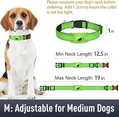 Airtag Dog Collar with AirTag Holder for Medium Dogs, Reflective, Soft Padded & Safety Locking Buckle, Nylon Pet Collars Adjustable for All Breeds, Green,M