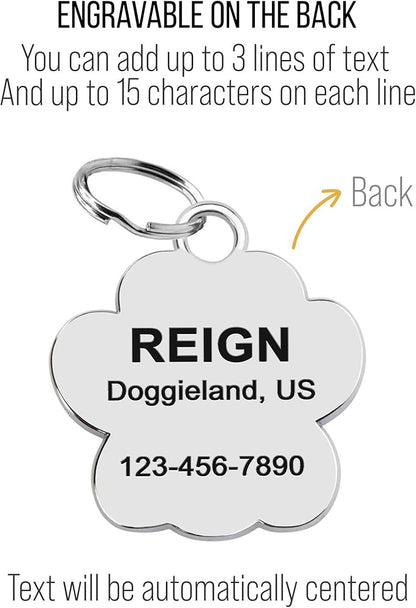 Paw Shape Dog ID Tag Stainless Steel Custom Laser Engraved, Cute Bling Glitter Pet Name Tags Personalized with Durable Engraving (Silver Sparkly Paw)