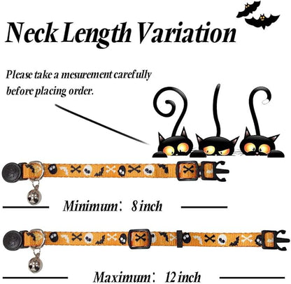 azuza 4 Pack Halloween Kitten Collars Breakaway with Bells, Adjustable Cat Collars with Safety Buckle,Adjustable from 6"-8", Skull and Crossbones,Ghosts, Spider and Pumpkin Prints