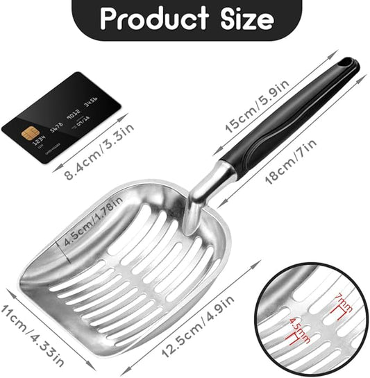 Cat Litter Scoop, Metal Cat Scooper, Plastic Handle Scoop, Sifting Shovel – Heavy Duty Aluminum Alloy Litter Box Scoop with Deep Mesh, Design for Easy Waste Removal and Cleaning, (Black)