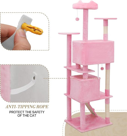 Athena Collection Cat Tree, 77 Inch Cat Tower for Indoor Cats, Multi-Level Cat Tree Tower Activity Center with 2 Cat Condo & Cat Scratching Post & Dangling Ball, Tall Cat Tree, Soft Pink