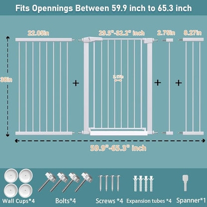 Fairy Baby 38" Extra Tall Baby Gate for Stairs and Doorways, 59.9"-65.3" Extra Wide Long Pet Gate, Metal Auto Close Safety Child Gate Fence for Puppy Pet, Pressure Mounted Walk Through Gate, White