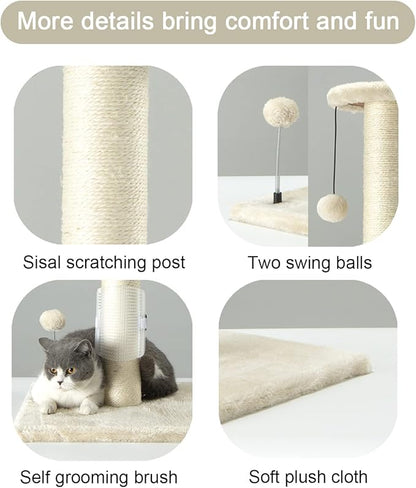 PEEKAB 32" Tall Cat Scratching Post Sisal Rope Scratch Posts with Hanging Ball and Self-Massage Brush Vertical Scratcher for Indoor Cats and Kittens(Beige 32inches)