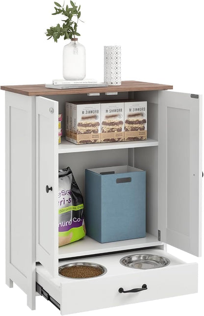 PawHut Pet Feeding Station, Elevated Dog Bowls, Dog Food Storage Cabinet with Hidden Bowls, Adjustable Panel, Hooks for Medium Sized Breed, White