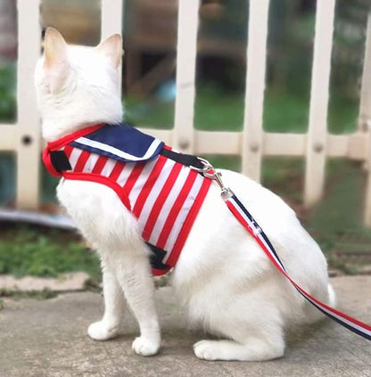 Cat Harness and Leash for Walking Escape Proof, Adjustable Cat Vest Harness, Padded Stylish Cat Walking Jackets, Sailor Suit Red, Medium