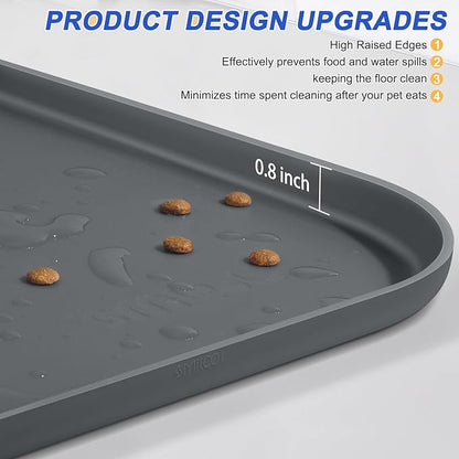 Silicone Pet Feeding Mat with Raised Edge for Food and Water, Dog Bowl Mats, Cat Bowls Placemat with High Lip for Floor Waterproof, Rubber Tray for Cats and Dogs 22 x 14 x 0.8 Dark Grey