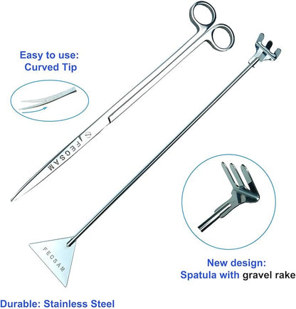 Aquarium Aquascape Tools Kit + Brush - 15 inch Stainless Steel Aquatic Tweezers/Feeding Tongs, Scissors, Spatula, Algae Scraper, Rake for Fish Tank Cleaning Scrubbing, Trimming, Terrarium Supplies