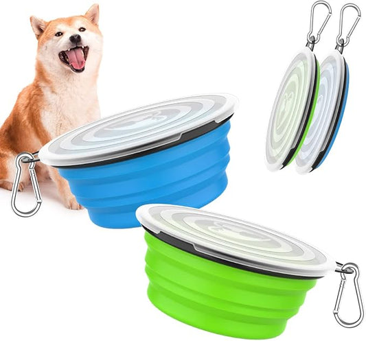 Pawaboo Silicone Collapsible Dog Bowls 2 Pack, Blue + Green, 5.1 x 3.5 x 2.1 in, 13 x 9 x 5.5 cm, Lid Included, Portable, Easy Cleanup, Suitable for Small to Medium Dogs