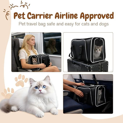 Double Expandable Cat Carrier,Airline Approved Soft-Sided Pet Travel Carrier for Small Dogs Cats Under 15 lbs,Waterproof 600D Oxford Fabric with Washable Replacement Liner,Odor-Free & Claw-Proof Black