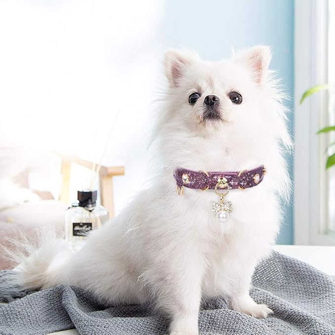 PetsHome Cat Collar, Dog Collar, [Bling Rhinestones] PU Leather Adjustable Pet Collar with Luxury Pendant for Big Cat and Small to Medium Dog Small Purple