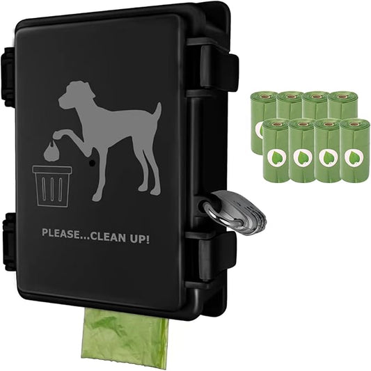Dog Poop Bag Dispenser Wall Mounted Outside with Lock and 8 Small Rolls, Doggie Bag Holder For Backyard Post, Pole, Fence Mountable fits Home, Commercial Occasion(Black dispenser+8 rolls+lock)