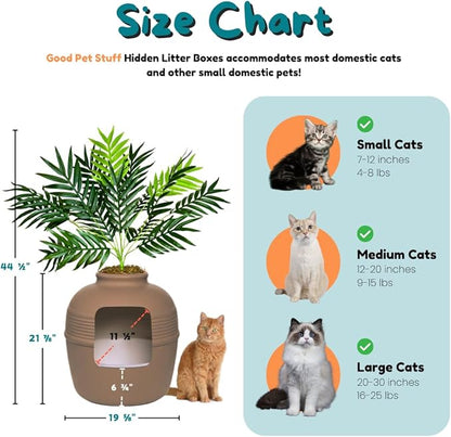 Good Pet Stuff Hidden Litter Box Planter, Decorative Cat Litter Enclosure with Carbon Filter, Artificial Plant, Easy Clean, Removable Liner, Round Style, Essentials Kit, Chestnut Brown