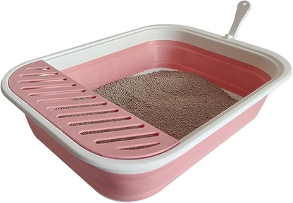 Collapsible Small Cat Litter Box for Kittens Open Potty Pan Travel Foldable Waterproof Shallow Anti-Splash Removable Semi-Enclosed Kitten Kitty Puppy Small Animals Senior Pet (Pink)