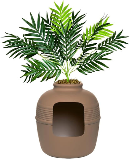Good Pet Stuff Hidden Litter Box Planter, Decorative Cat Litter Enclosure with Carbon Filter, Artificial Plant, Easy Clean, Improved Design, Round Style, Base Kit, Chestnut Brown