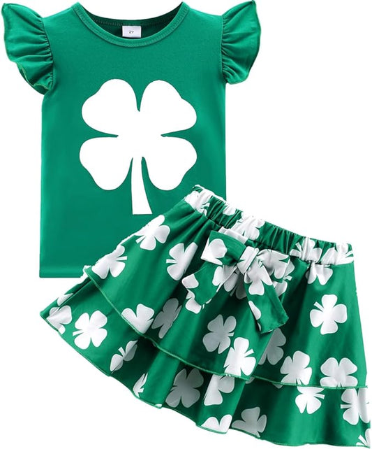 Girls Skirt Set 2 Piece Outfit Toddler Summer Clothes Ruffle Sleeve T-Shirt Bow Knot Tutu Skirt Outfit Set