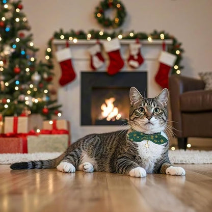 Bunny Ear Christmas Bowtie Cat Collar with Bell 2 Pack Cotton Breakaway Snowflakes Holiday Kitten Collars(Red+Green)