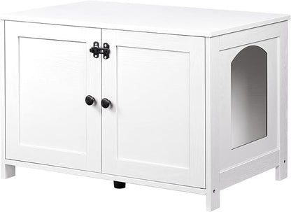 HOOBRO Litter Box Enclosure, Cat Litter Box Furniture with Removable Divider, Large Hidden Litter Box Furniture, Wooden Cat House, End Side Table, 31" L x 17.5" W x 19.7" H, White WT03MW01G2