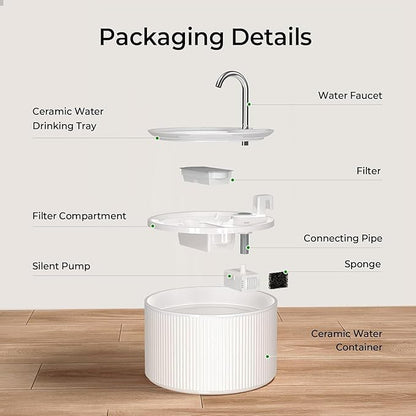 Voluas Ceramic Cat Water Fountain: 2.2L/74oz Cat Fountains for Drinking, Automatic Pet Water Dispenser with Ultra-Quiet Pump and Replacement Filter, Kitty Watering Supplies Indoor Easy Clean BPA-Free