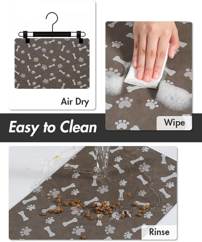 MontVoo Dog Food Mat-Pet Feeding Mat for Food and Water-No Stains Quick Dry Dispenser Cat Bowl Mat for Messy Drinkers(17"x34" Brown)