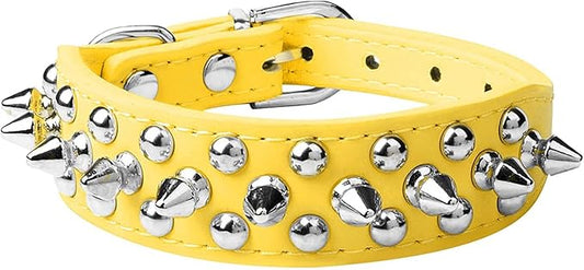 Spiked Dog Collar Soft Pu Leather Mushrooms Rivet Spike Studded Puppy Adjustable Pet Collars for Small Breeds (S, Yellow)