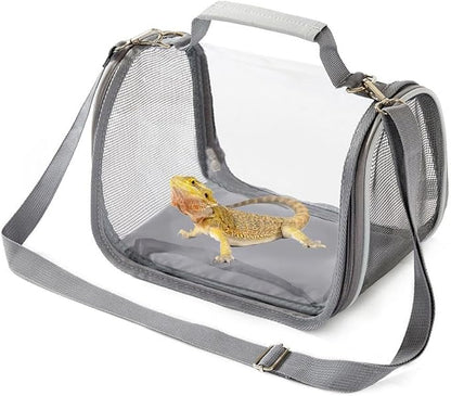 Reptile Small Animal Travel Carrier - Portable Ventilated Pet Carrier for Bearded Dragons, Lizards, Sugar Gliders, Hedgehogs, Rats, Birds, Guinea Pigs etc | Escape-Proof, Breathable Mesh (Grey)
