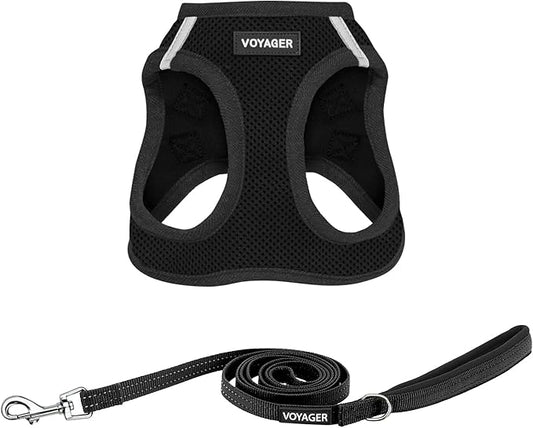 Best Pet Supplies Voyager Step-in Air All Weather Mesh Harness and Reflective Dog 5 ft Leash Combo with Neoprene Handle, for Small, Medium and Large Breed Puppies - Set (Black), S