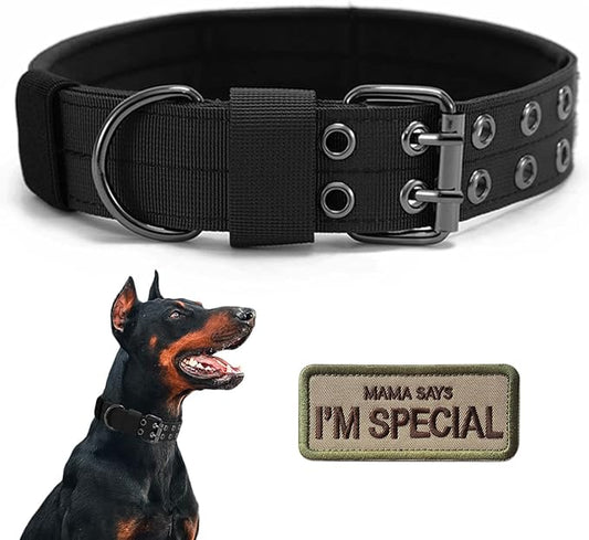 Tactical Dog Collar Military Adjustable Dog Collars Soft Nylon Training Collar with Patch Heavy Duty Metal Buckle Collars for Medium Large Dogs (Black, XL)