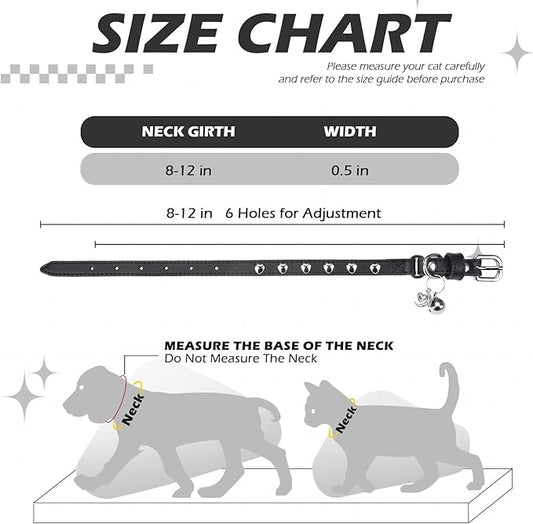 EXPAWLORER Leather Cat Collar for Girl Boy- Adjustable Pet Collar with Safety Elastic Belt,Personalized Heart Accessories Buckle Collars with Bell & Durable D-Ring,Heart (Black)