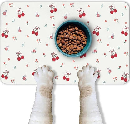 Dog Food Mat for Pet Cat Food Mat, Cherry Absorbent Quick Dry Dog Bowl Mats for Food and Water, Non-Slip Cat Pet Feeding Mats for Floor Placemats 12"x20"
