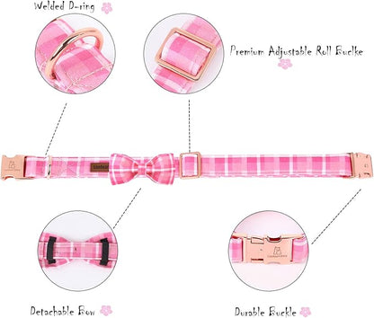 Lionheart glory Pink Plaid Dog Collar, Adjustable Dog Collar with Bowtie, Pet Gift Girl Collar for Dog Soft Bowtie Dog Collars for Medium Dogs