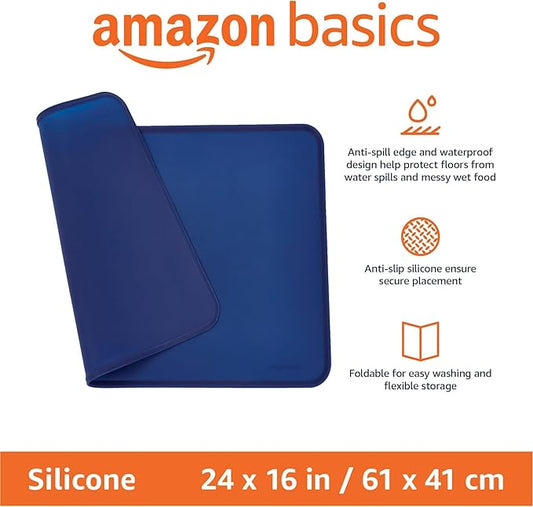 Amazon Basics Waterproof Non-Slip Silicone Pet Feeding Mat with Raised Edges, Prevents Spills, Easy to Clean, Protects Floors for Cat & Dog Food and Water Bowls, 24 x 16 Inches, Blue