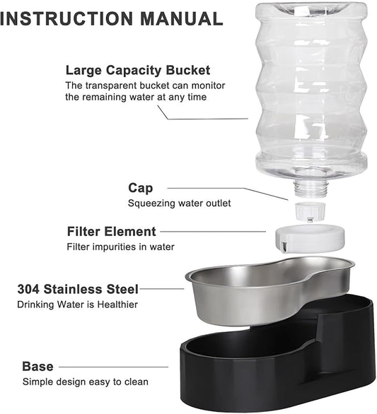 RIZZARI Dog Food Water Dispenser: 7L Large Black Stainless Steel Gravity Water Feeder - Easy Refill, Detachable 304 Stainless Bowl - for Busy Multi-Pet Owners & Medium Pet- Home Kitchen & Yard