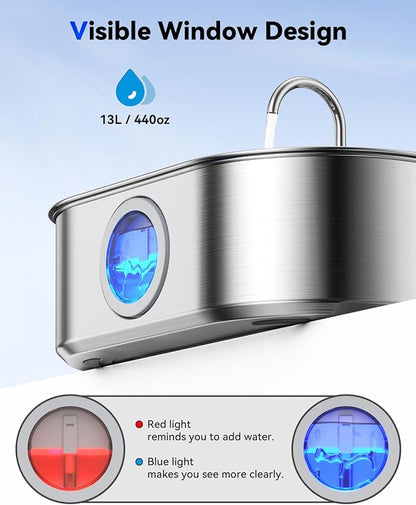 3.4Gal Dog Water Fountain for Large Dogs, 13L Stainless Steel Large Pet Fountain with Deeper & Wider Drinking Area, Automatic Dog Water Bowl Dispenser with Water Window(with 7 Filters)