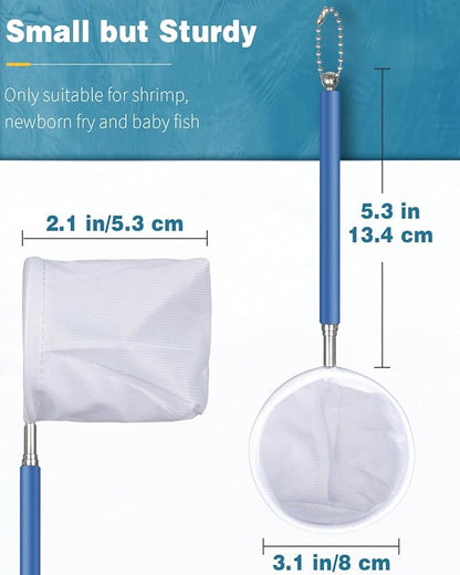 Pawfly 3 Inch Aquarium Shrimp Net, Tiny Fish Tank Net with Extendable Stainless Steel Handle, Soft Round Fine Mesh for Baby Fish, Food Residue, and Debris Skimming in Small Ponds & Tanks