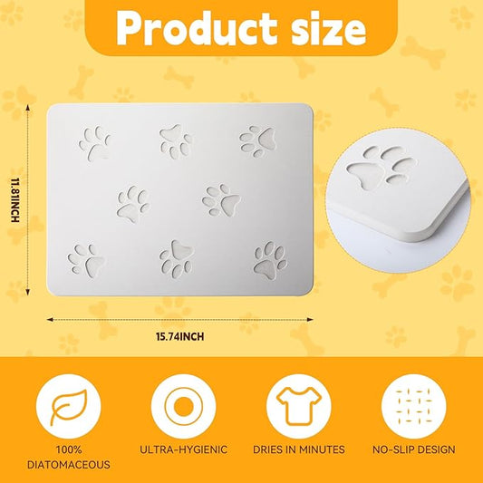 White Diatomaceous Earth Dog Bowl Mat (16x12 in) | Non-Slip Pet Food & Water Mat | Square Design with Cute Paw Prints for Medium Dogs, Quick Dry & Easy to Clean