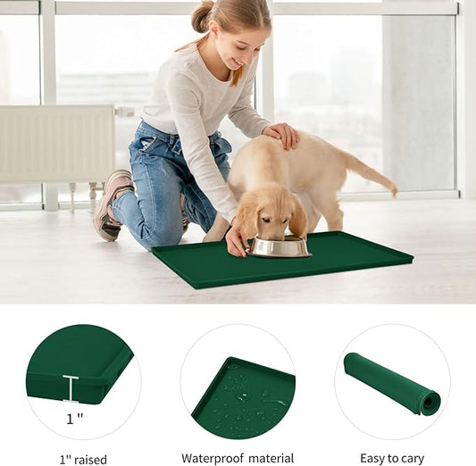 Dog Food Mat,Silicone Waterproof Food Tray,Non Slip Pet Bowl Mats Placemat,1" Raised Edge,Suitable for Most Small and Medium Sized Pets,32" x 24"